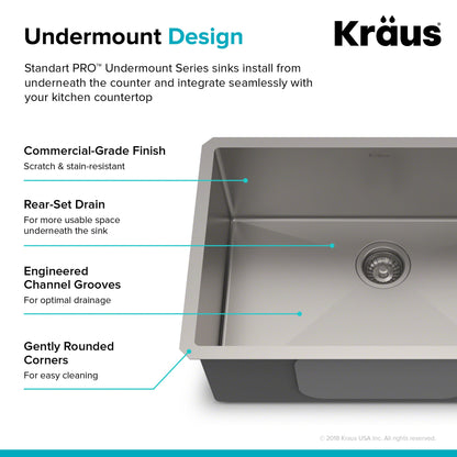 KRAUS 28" Undermount 16 Gauge Single Bowl Stainless Steel Small Radius Kitchen Sink - KHU100-28