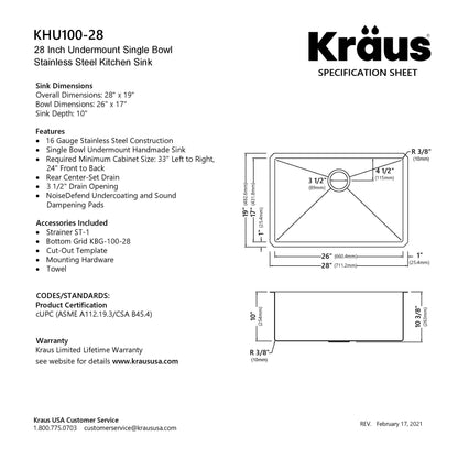 KRAUS 28" Undermount 16 Gauge Single Bowl Stainless Steel Small Radius Kitchen Sink - KHU100-28