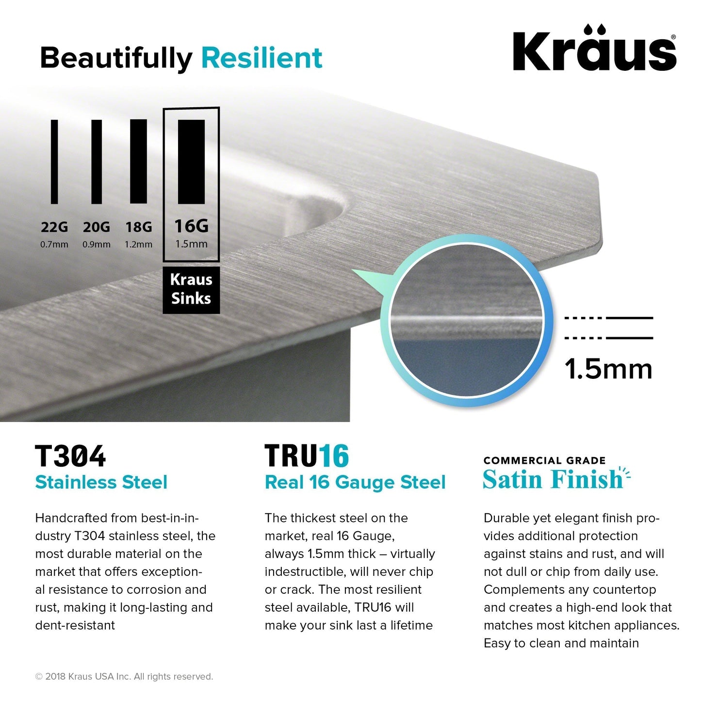 KRAUS 28" Undermount 16 Gauge Single Bowl Stainless Steel Small Radius Kitchen Sink - KHU100-28