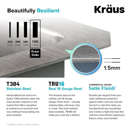 KRAUS 28" Undermount 16 Gauge Single Bowl Stainless Steel Small Radius Kitchen Sink - KHU100-28
