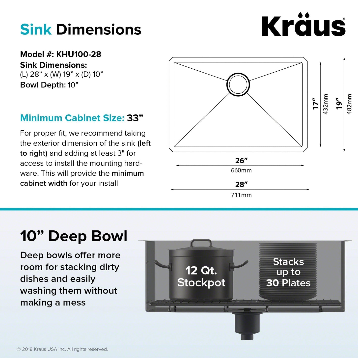 KRAUS 28" Undermount 16 Gauge Single Bowl Stainless Steel Small Radius Kitchen Sink - KHU100-28
