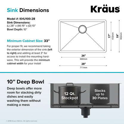 KRAUS 28" Undermount 16 Gauge Single Bowl Stainless Steel Small Radius Kitchen Sink - KHU100-28