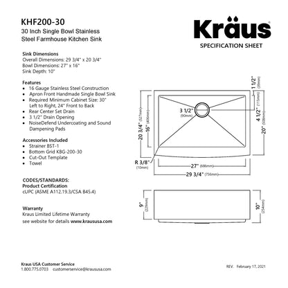 KRAUS Standart PRO 30" 16 Gauge Single Bowl Stainless Steel Farmhouse Kitchen Sink - KHF200-30