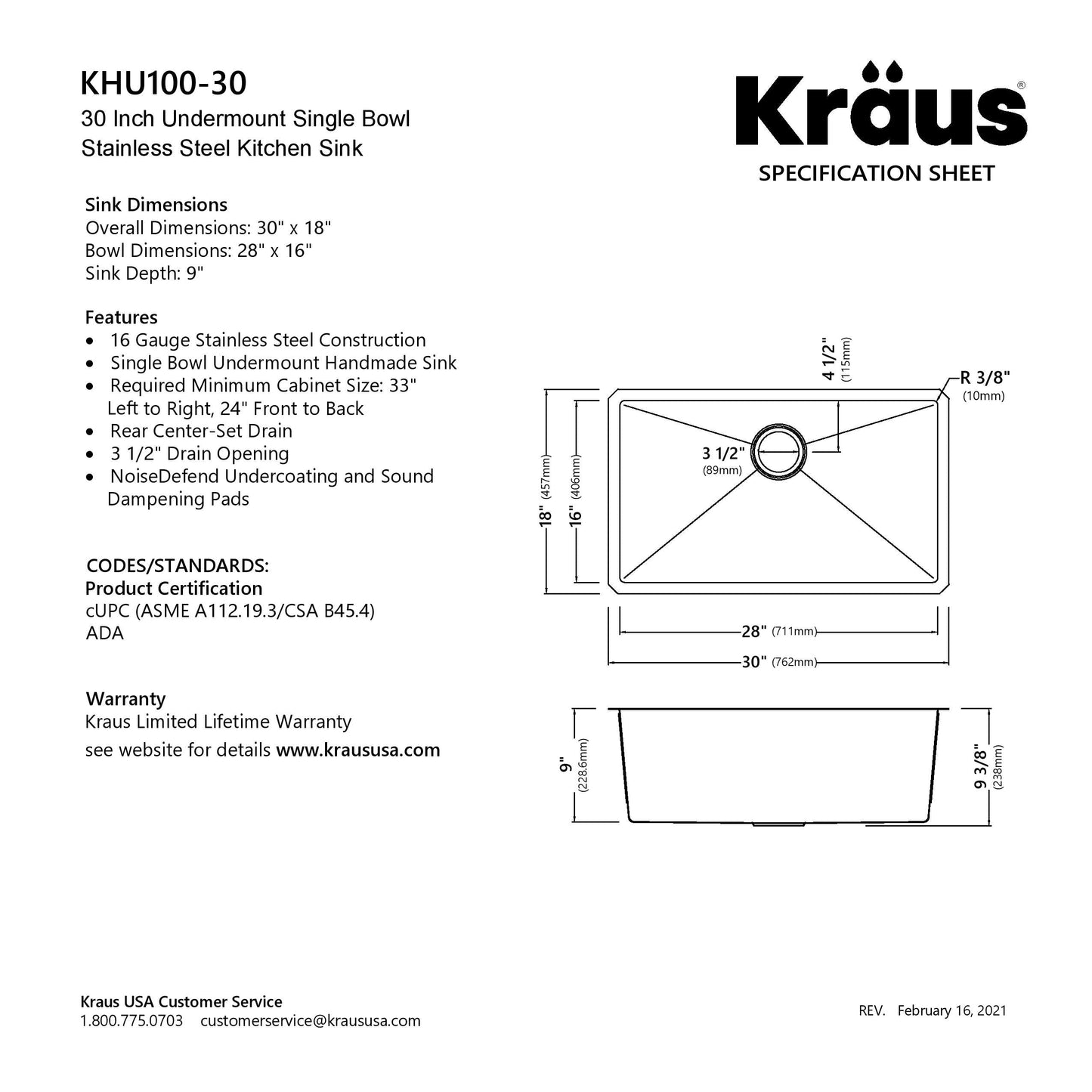 KRAUS 30" Undermount 16 Gauge Single Bowl Stainless Steel Small Radius Kitchen Sink - KHU100-30