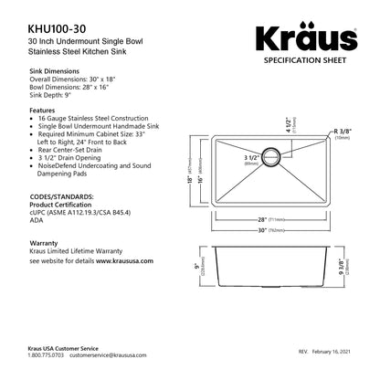 KRAUS 30" Undermount 16 Gauge Single Bowl Stainless Steel Small Radius Kitchen Sink - KHU100-30