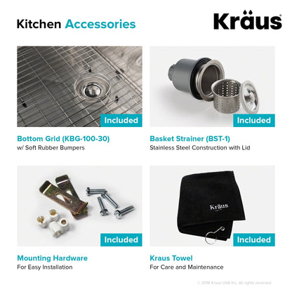 KRAUS 30" Undermount 16 Gauge Single Bowl Stainless Steel Small Radius Kitchen Sink - KHU100-30