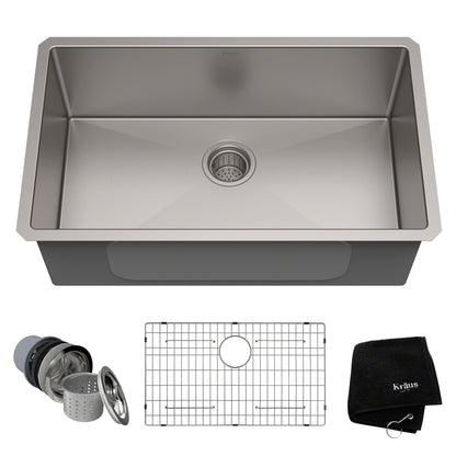 KRAUS 30" Undermount 16 Gauge Single Bowl Stainless Steel Small Radius Kitchen Sink - KHU100-30
