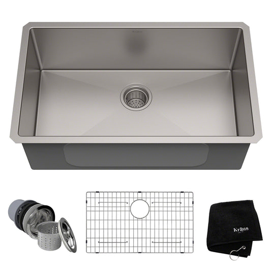 KRAUS 30" Undermount 16 Gauge Single Bowl Stainless Steel Small Radius Kitchen Sink - KHU100-30