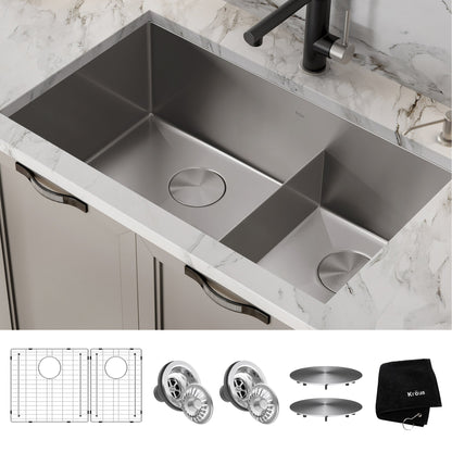 KRAUS Standart PRO 32" 16 Gauge Undermount 60/40 Low Divider Double Bowl Stainless Steel Kitchen Sink - KHU103-32