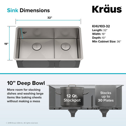 KRAUS Standart PRO 32" 16 Gauge Undermount 60/40 Low Divider Double Bowl Stainless Steel Kitchen Sink - KHU103-32
