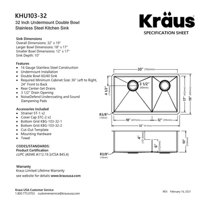 KRAUS Standart PRO 32" 16 Gauge Undermount 60/40 Low Divider Double Bowl Stainless Steel Kitchen Sink - KHU103-32