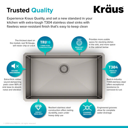 KRAUS 32" Undermount 16 Gauge Single Bowl Stainless Steel Small Radius Kitchen Sink - KHU100-32