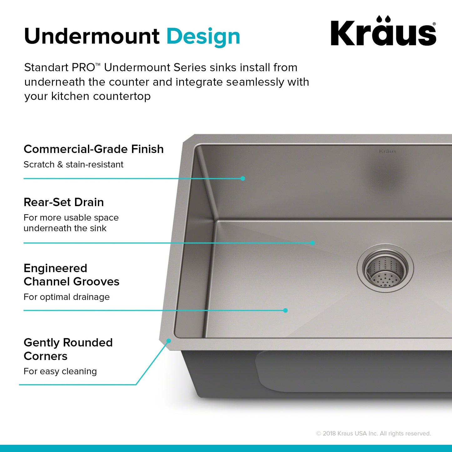 KRAUS 32" Undermount 16 Gauge Single Bowl Stainless Steel Small Radius Kitchen Sink - KHU100-32