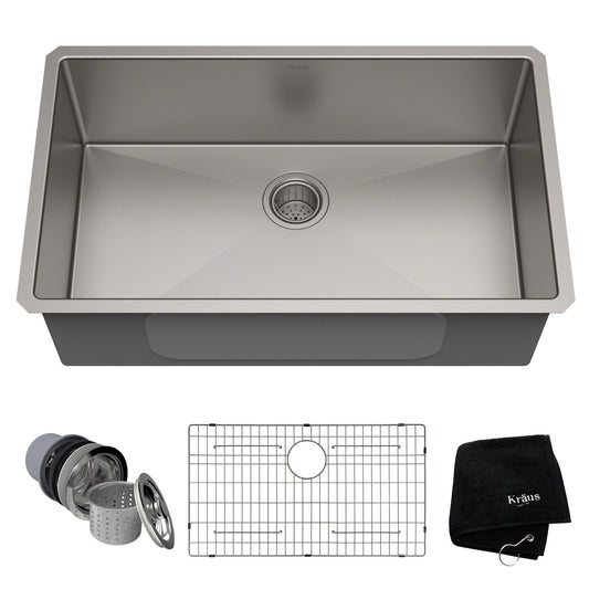 KRAUS 32" Undermount 16 Gauge Single Bowl Stainless Steel Small Radius Kitchen Sink - KHU100-32