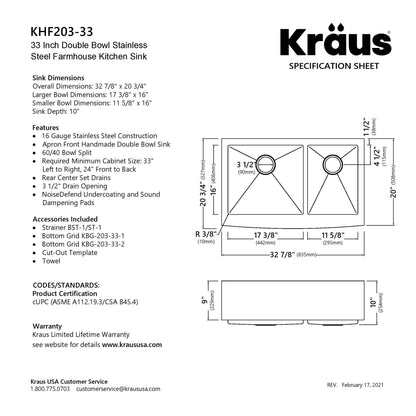 KRAUS Standart PRO 33" 16 Gauge 60/40 Double Bowl Stainless Steel Farmhouse Kitchen Sink - KHF203-33