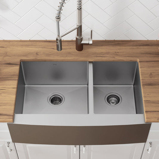 KRAUS Standart PRO 33" 16 Gauge 60/40 Double Bowl Stainless Steel Farmhouse Kitchen Sink - KHF203-33