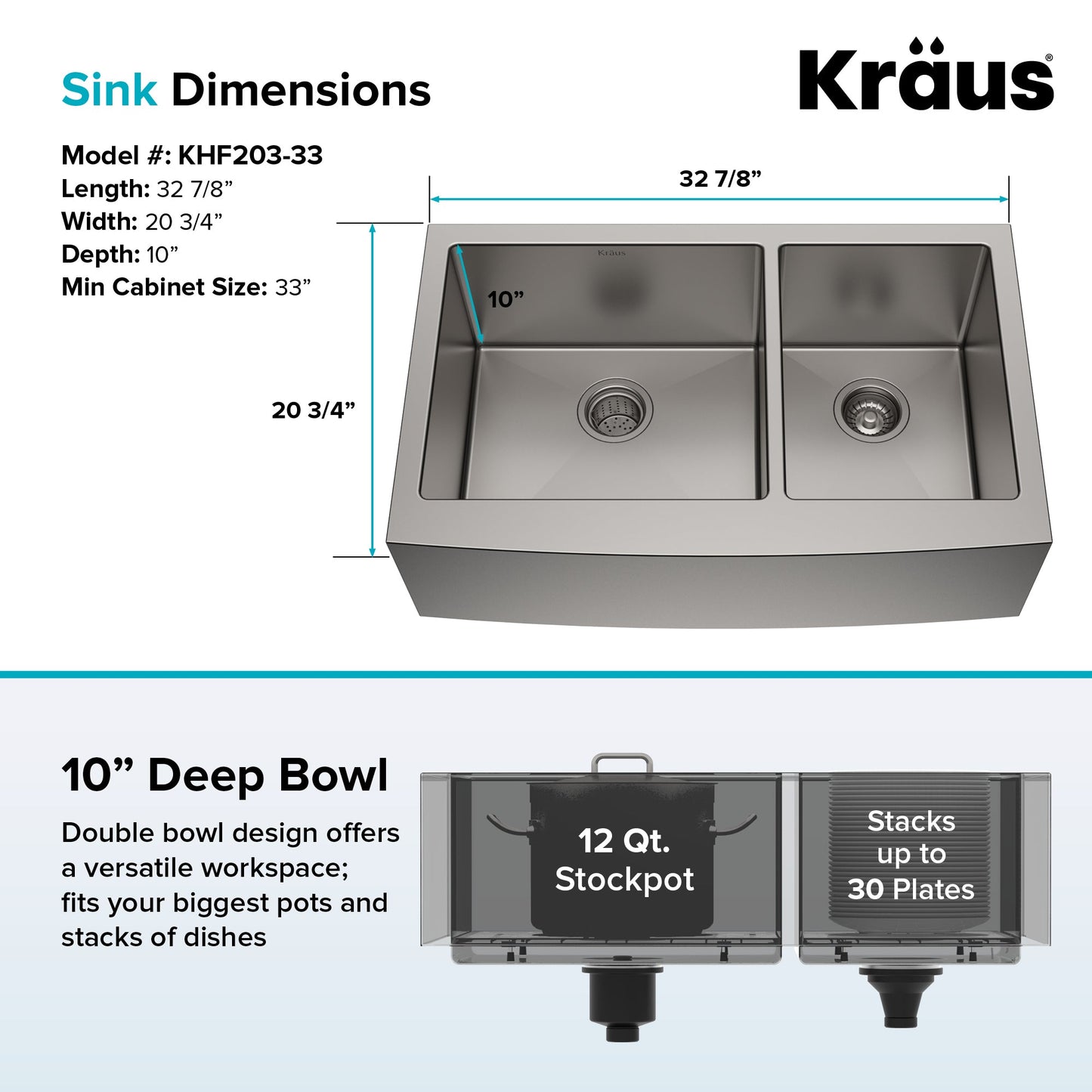 KRAUS Standart PRO 33" 16 Gauge 60/40 Double Bowl Stainless Steel Farmhouse Kitchen Sink - KHF203-33