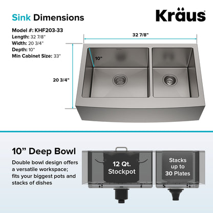 KRAUS Standart PRO 33" 16 Gauge 60/40 Double Bowl Stainless Steel Farmhouse Kitchen Sink - KHF203-33