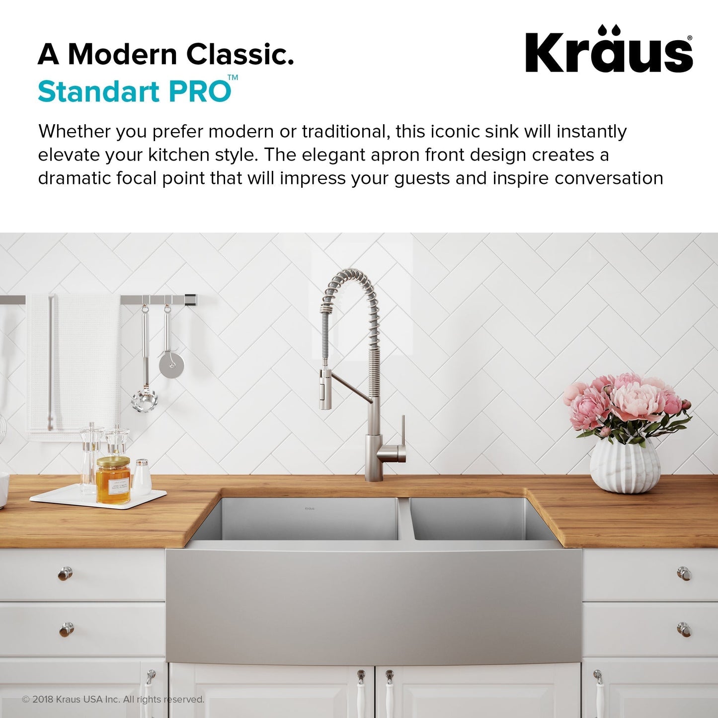 KRAUS Standart PRO 33" 16 Gauge 60/40 Double Bowl Stainless Steel Farmhouse Kitchen Sink - KHF203-33