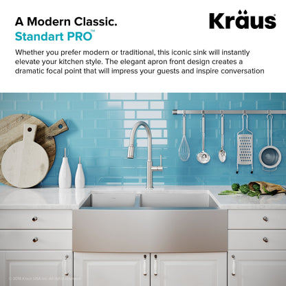 KRAUS Standart PRO 33" 16 Gauge 40/60 Double Bowl Stainless Steel Farmhouse Kitchen Sink in Stainless Steel - KHF204-33