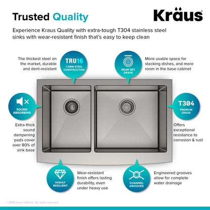 KRAUS Standart PRO 33" 16 Gauge 40/60 Double Bowl Stainless Steel Farmhouse Kitchen Sink in Stainless Steel - KHF204-33