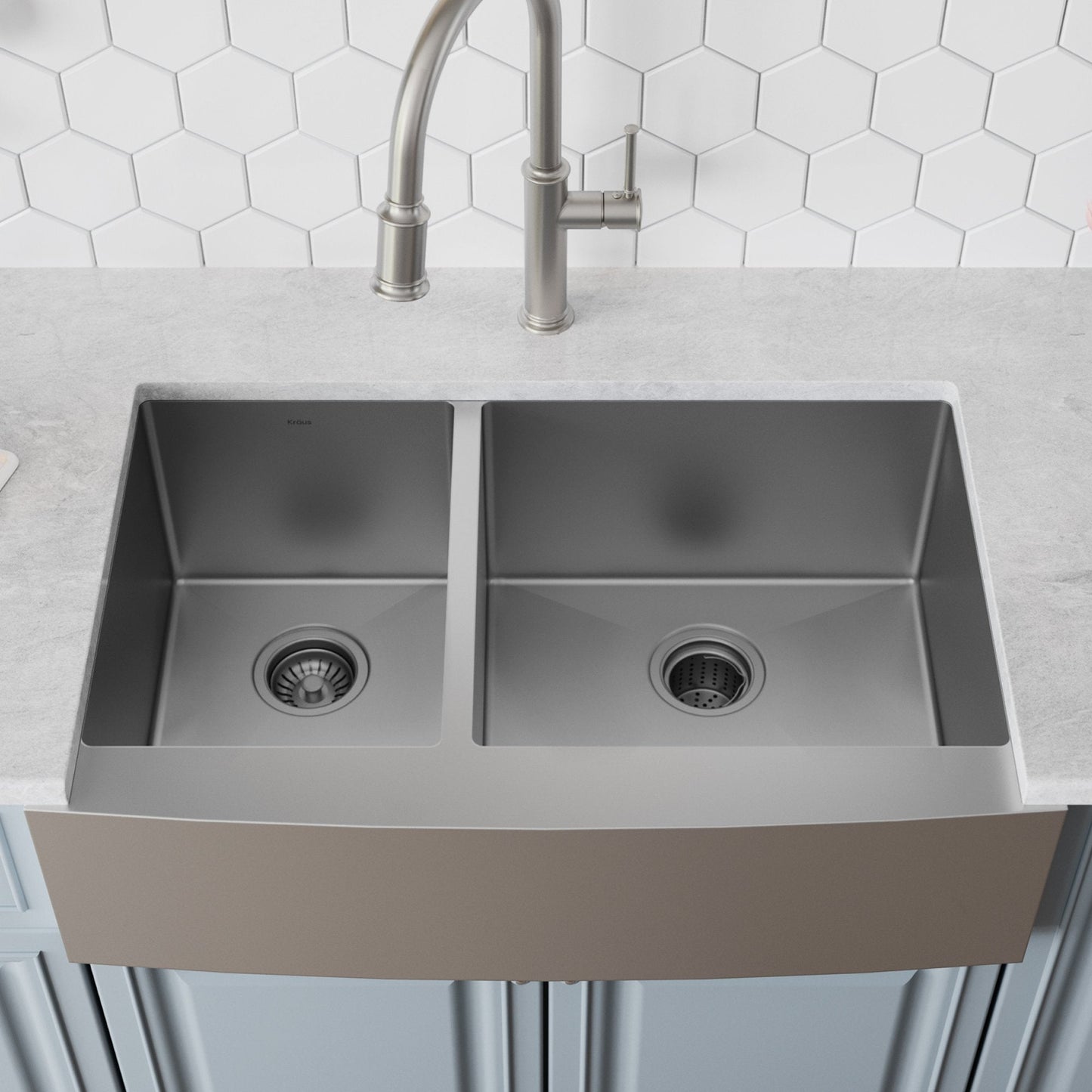 KRAUS Standart PRO 33" 16 Gauge 40/60 Double Bowl Stainless Steel Farmhouse Kitchen Sink in Stainless Steel - KHF204-33