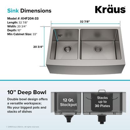 KRAUS Standart PRO 33" 16 Gauge 40/60 Double Bowl Stainless Steel Farmhouse Kitchen Sink in Stainless Steel - KHF204-33