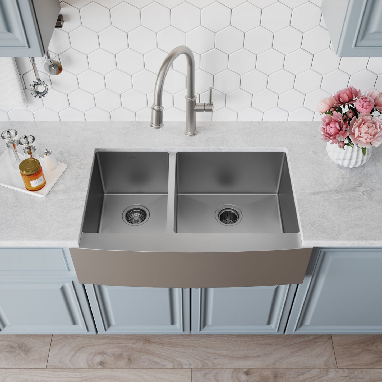 KRAUS Standart PRO 33" 16 Gauge 40/60 Double Bowl Stainless Steel Farmhouse Kitchen Sink in Stainless Steel - KHF204-33
