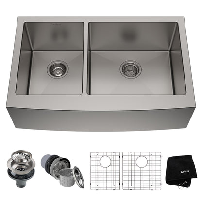KRAUS Standart PRO 33" 16 Gauge 40/60 Double Bowl Stainless Steel Farmhouse Kitchen Sink in Stainless Steel - KHF204-33