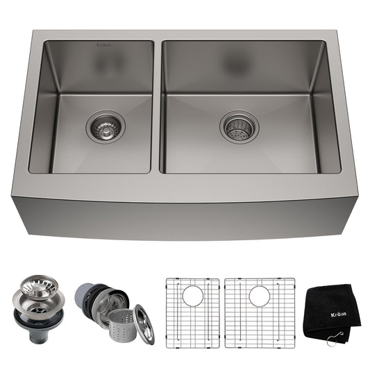 KRAUS Standart PRO 33" 16 Gauge 40/60 Double Bowl Stainless Steel Farmhouse Kitchen Sink in Stainless Steel - KHF204-33