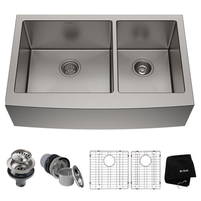 KRAUS Standart PRO 33" 16 Gauge 60/40 Double Bowl Stainless Steel Farmhouse Kitchen Sink - KHF203-33