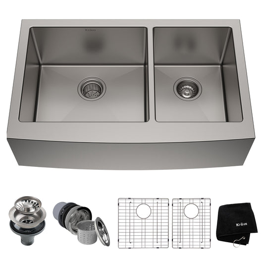 KRAUS Standart PRO 33" 16 Gauge 60/40 Double Bowl Stainless Steel Farmhouse Kitchen Sink - KHF203-33