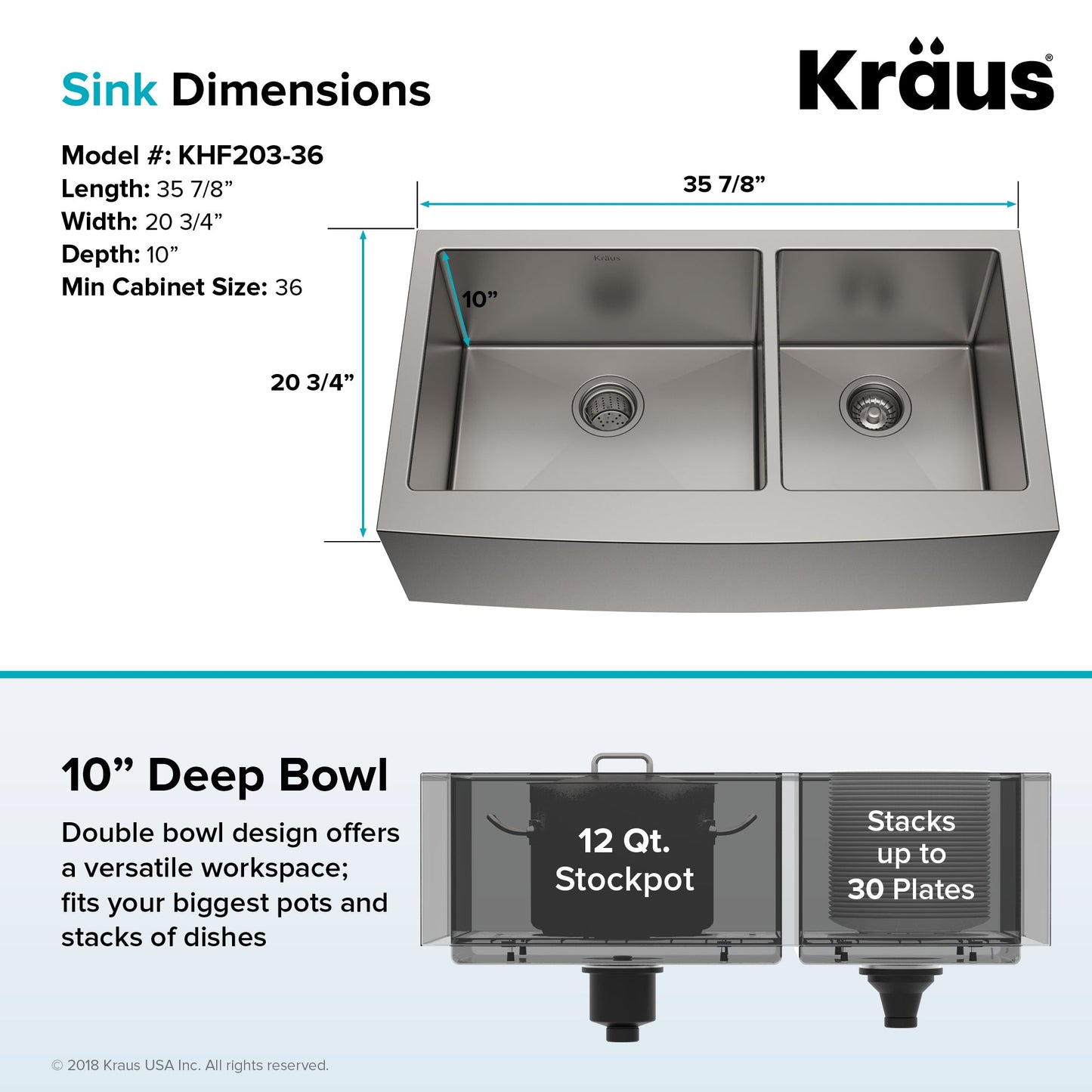 KRAUS Standart PRO 36" 16 Gauge 60/40 Double Bowl Stainless Steel Farmhouse Kitchen Sink - KHF203-36