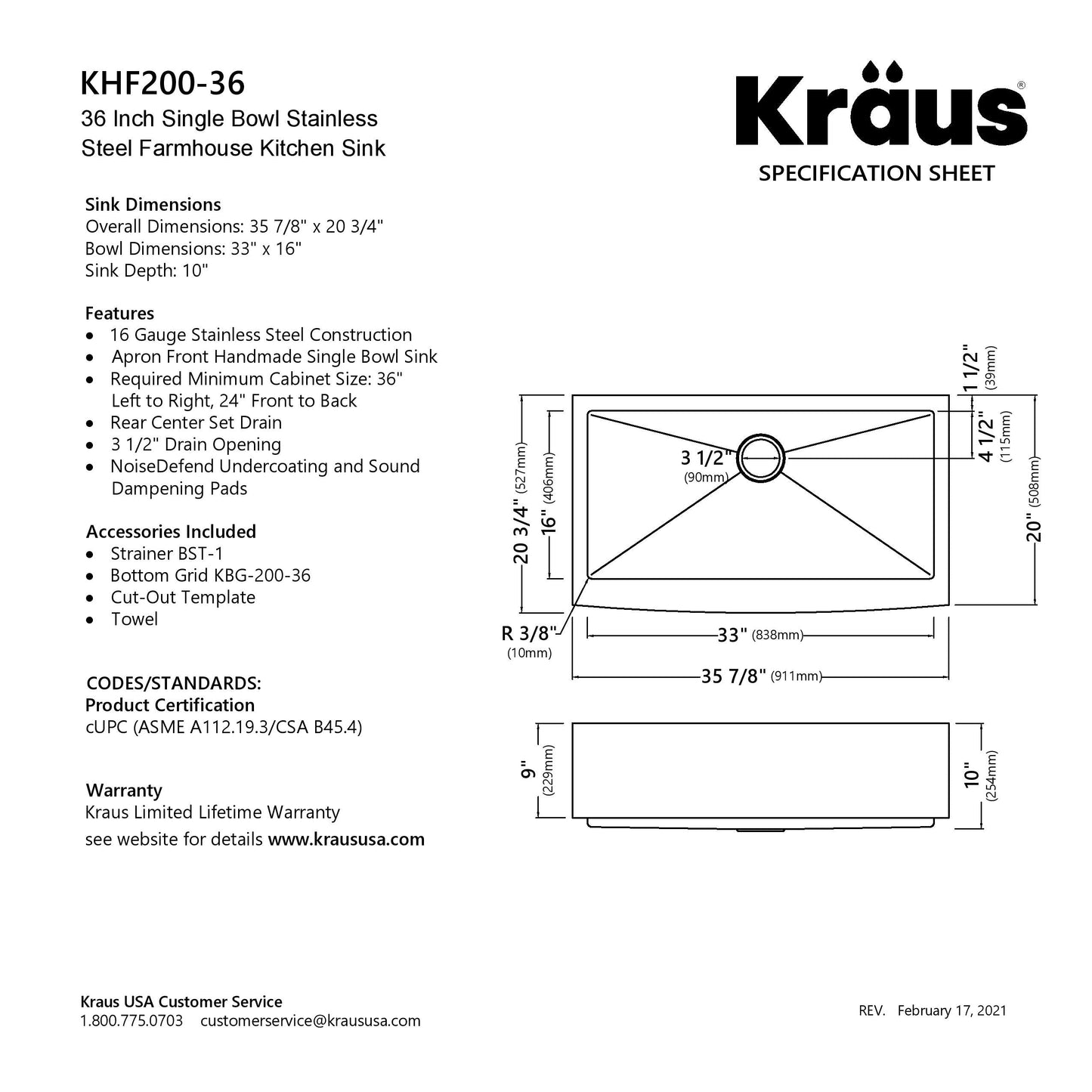 KRAUS Standart PRO 36" 16 Gauge Single Bowl Stainless Steel Farmhouse Kitchen Sink - KHF200-36