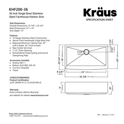 KRAUS Standart PRO 36" 16 Gauge Single Bowl Stainless Steel Farmhouse Kitchen Sink - KHF200-36