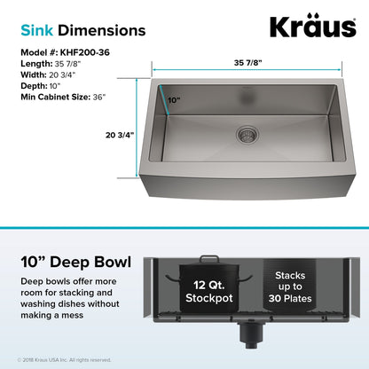 KRAUS Standart PRO 36" 16 Gauge Single Bowl Stainless Steel Farmhouse Kitchen Sink - KHF200-36