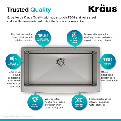 KRAUS Standart PRO 36" 16 Gauge Single Bowl Stainless Steel Farmhouse Kitchen Sink - KHF200-36