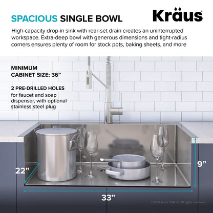 KRAUS Stark 33" Dual Mount Kitchen Sink and Pull-Down Commercial Kitchen Faucet Combo in Stainless Steel Finish - KCA-1102