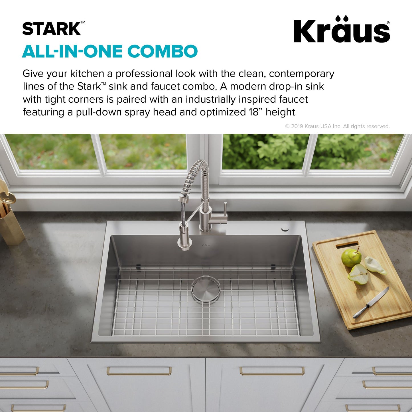 KRAUS Stark 33" Dual Mount Kitchen Sink and Pull-Down Commercial Kitchen Faucet Combo in Stainless Steel Finish - KCA-1102