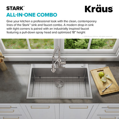 KRAUS Stark 33" Dual Mount Kitchen Sink and Pull-Down Commercial Kitchen Faucet Combo in Stainless Steel Finish - KCA-1102