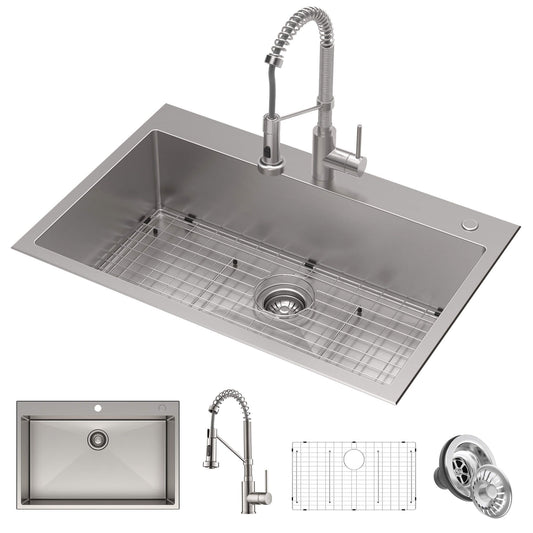 KRAUS Stark 33" Dual Mount Kitchen Sink and Pull-Down Commercial Kitchen Faucet Combo in Stainless Steel Finish - KCA-1102