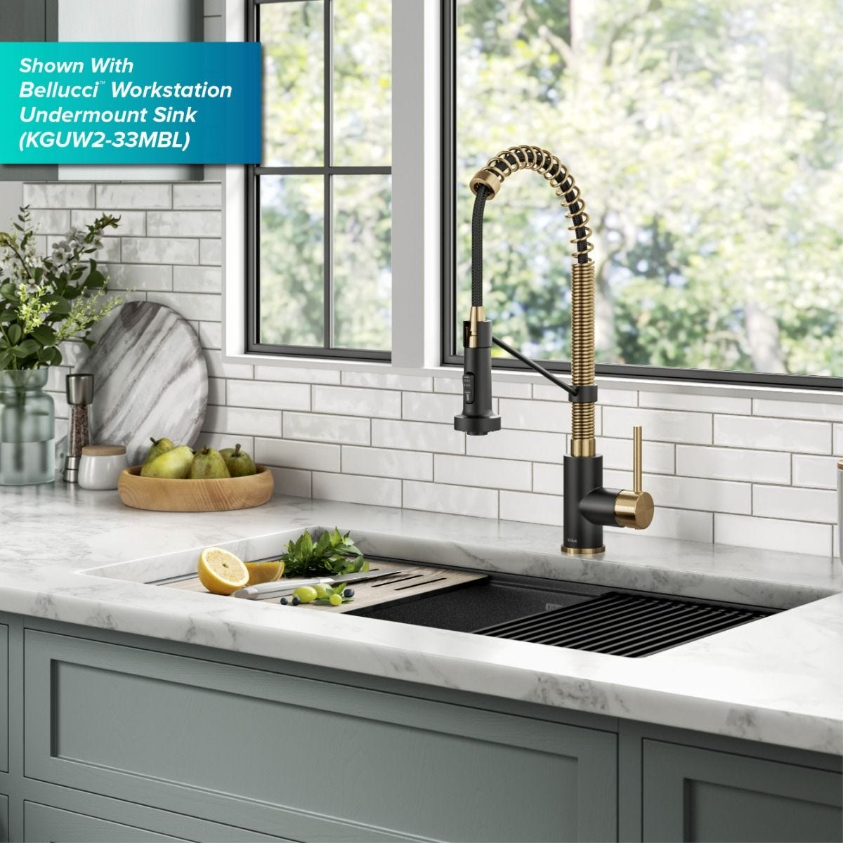 KRAUS Touchless Pull-Down Single Handle 18-Inch Kitchen Faucet in Brushed Brass & Matte Black - KSF-1610BBMB