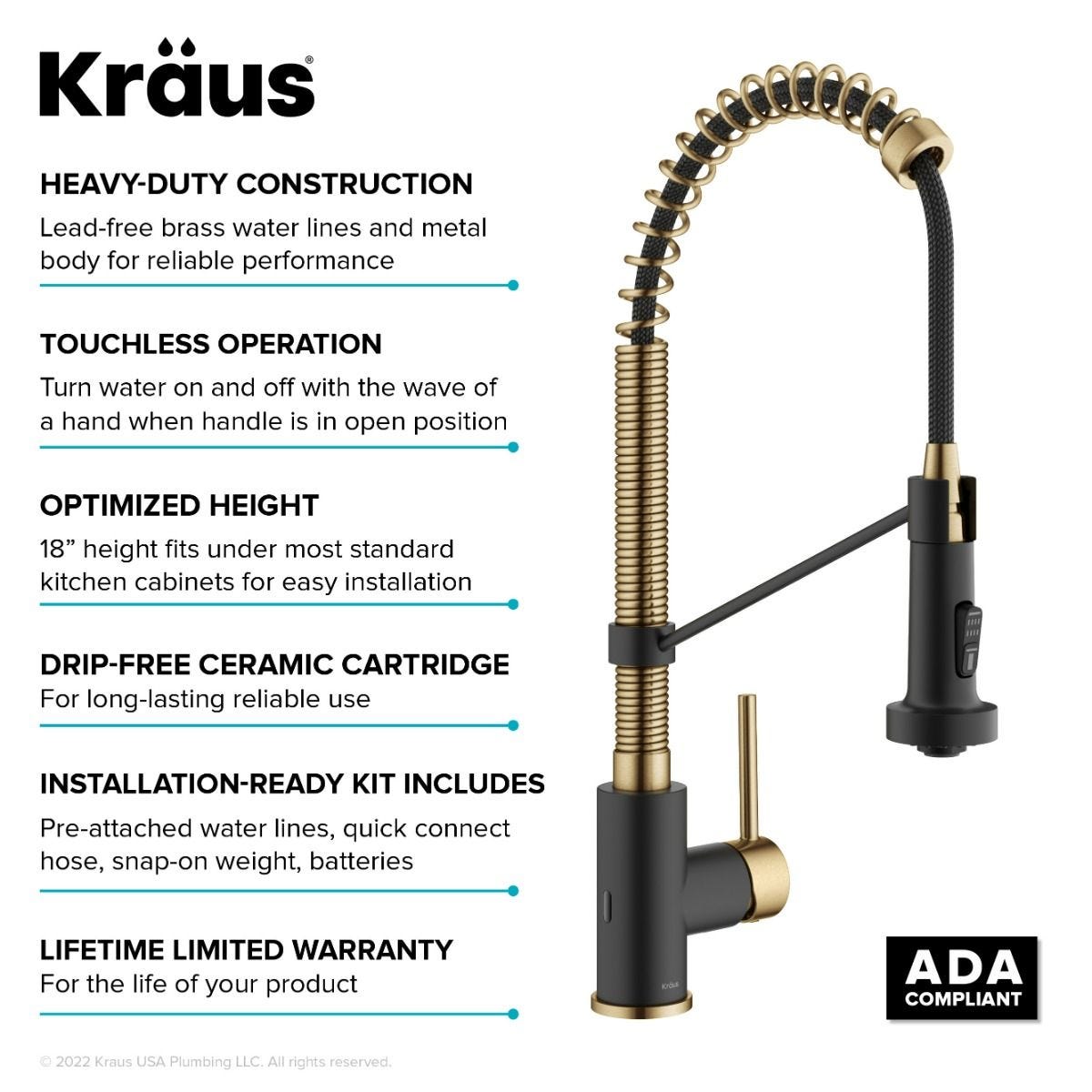 KRAUS Touchless Pull-Down Single Handle 18-Inch Kitchen Faucet in Brushed Brass & Matte Black - KSF-1610BBMB