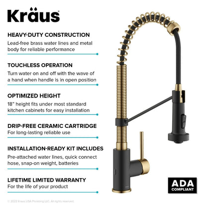 KRAUS Touchless Pull-Down Single Handle 18-Inch Kitchen Faucet in Brushed Brass & Matte Black - KSF-1610BBMB