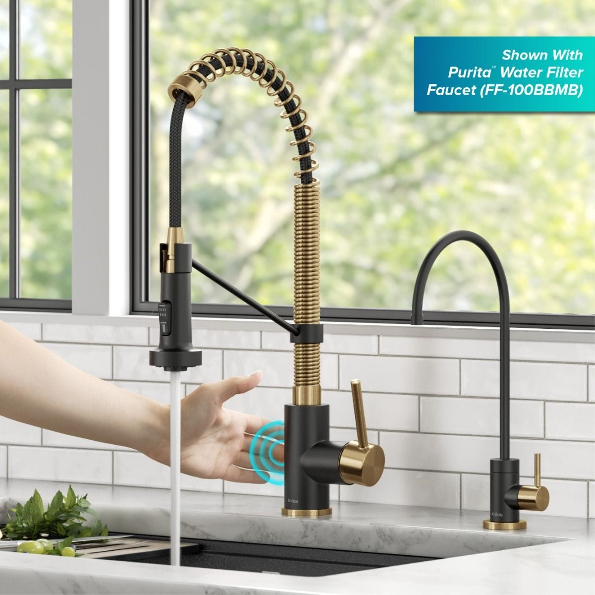 KRAUS Touchless Pull-Down Single Handle 18-Inch Kitchen Faucet in Brushed Brass & Matte Black - KSF-1610BBMB