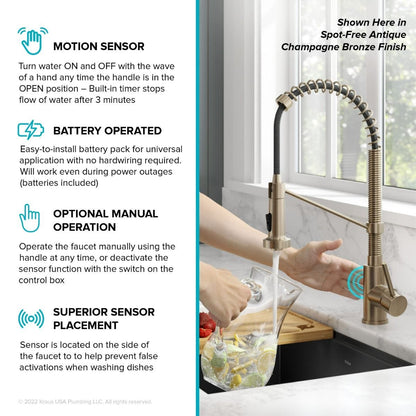 KRAUS Touchless Pull-Down Single Handle 18-Inch Kitchen Faucet in Brushed Brass & Matte Black - KSF-1610BBMB