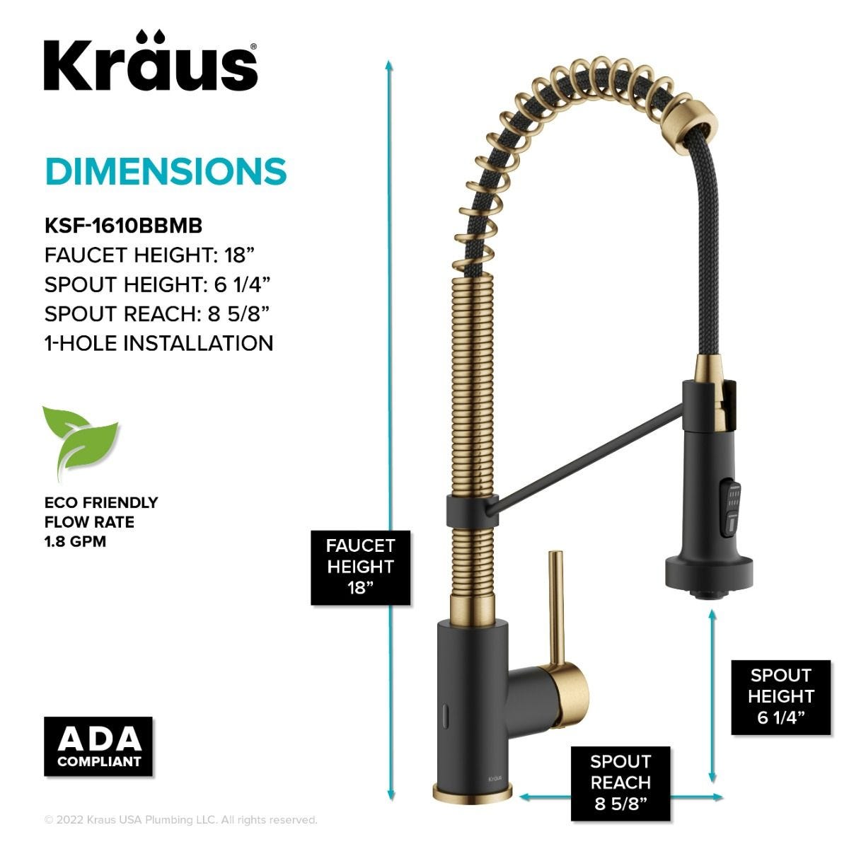 KRAUS Touchless Pull-Down Single Handle 18-Inch Kitchen Faucet in Brushed Brass & Matte Black - KSF-1610BBMB