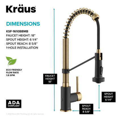 KRAUS Touchless Pull-Down Single Handle 18-Inch Kitchen Faucet in Brushed Brass & Matte Black - KSF-1610BBMB