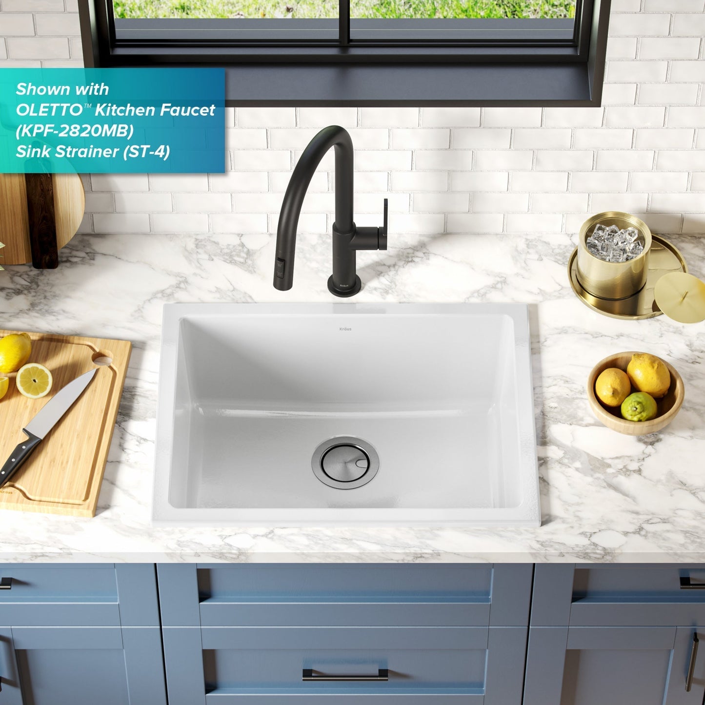 KRAUS Turino 24" Drop-In or Undermount Fireclay Kitchen Sink with Thick Mounting Deck in Gloss White - KFD1-24GWH