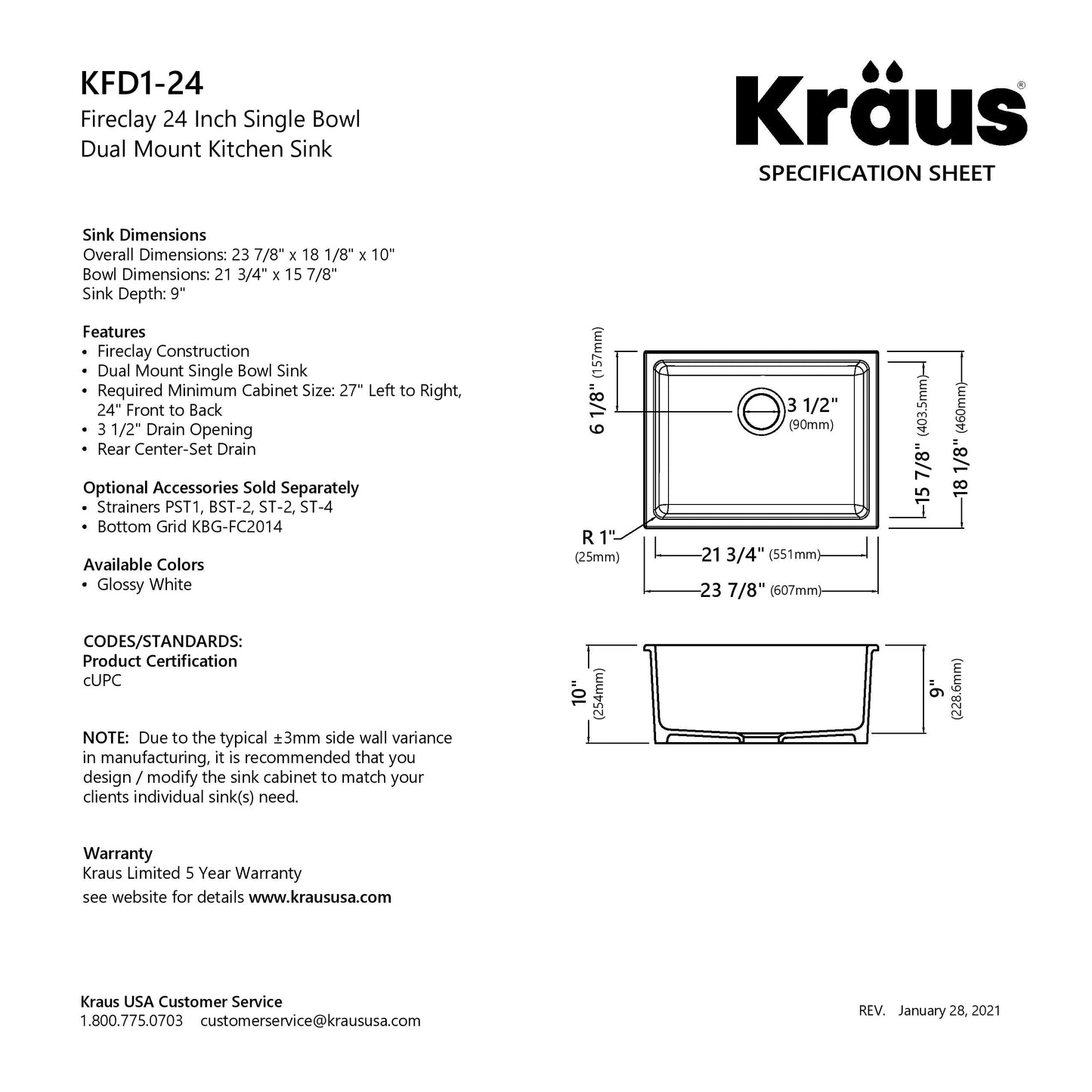KRAUS Turino 24" Drop-In or Undermount Fireclay Kitchen Sink with Thick Mounting Deck in Gloss White - KFD1-24GWH